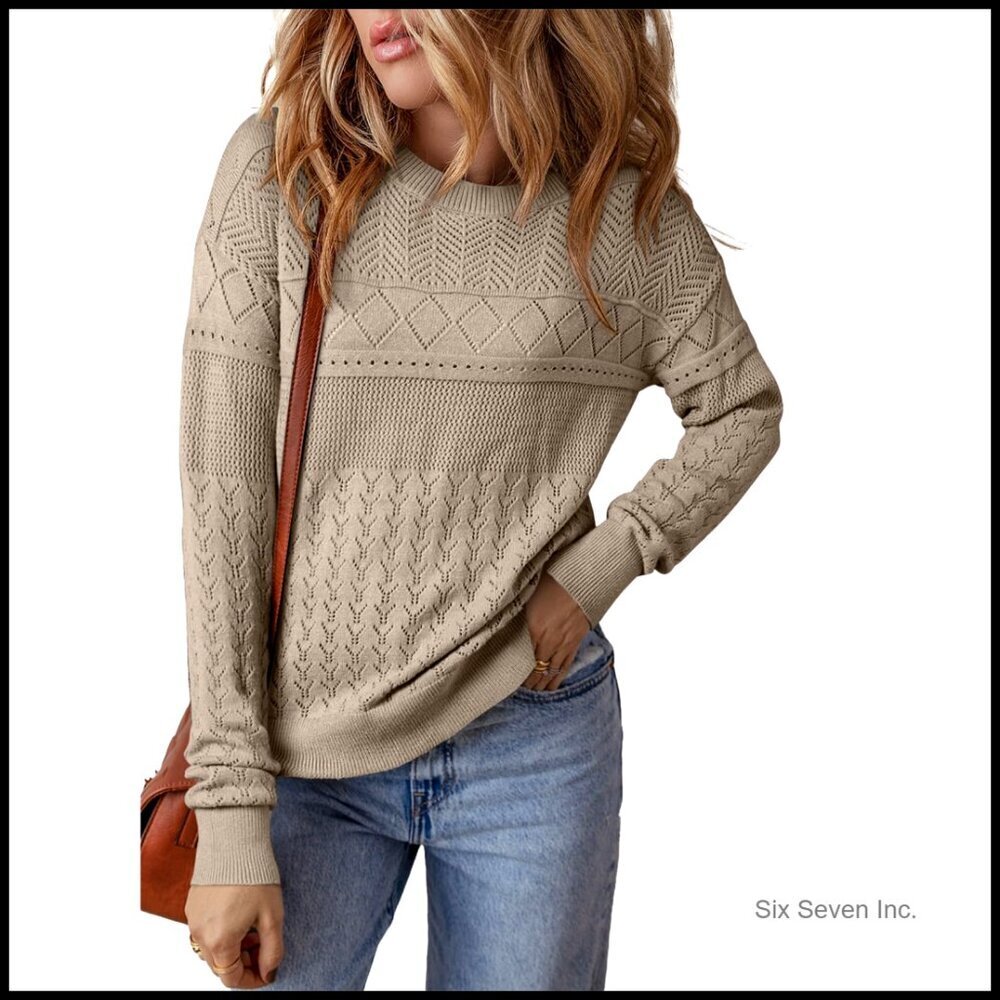 Crochet Pullover Sweater Casual Crewneck Long Sleeve Fall Top Chic Boho